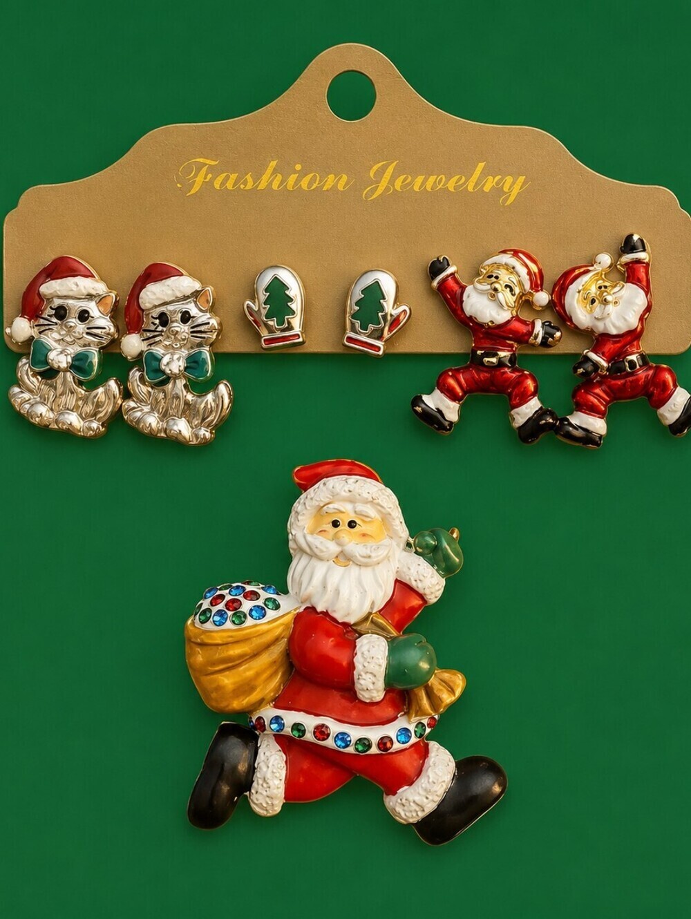 Vintage 1980s Christmas Santa Jacket Movable Kitty Mitten Post Earrings Brooch